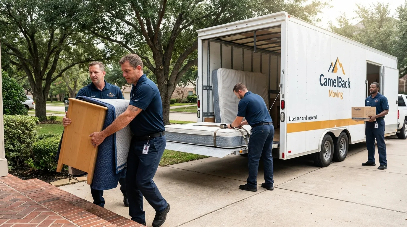 Crew loading residential truck for cross-state move from Jackson Heights, NY