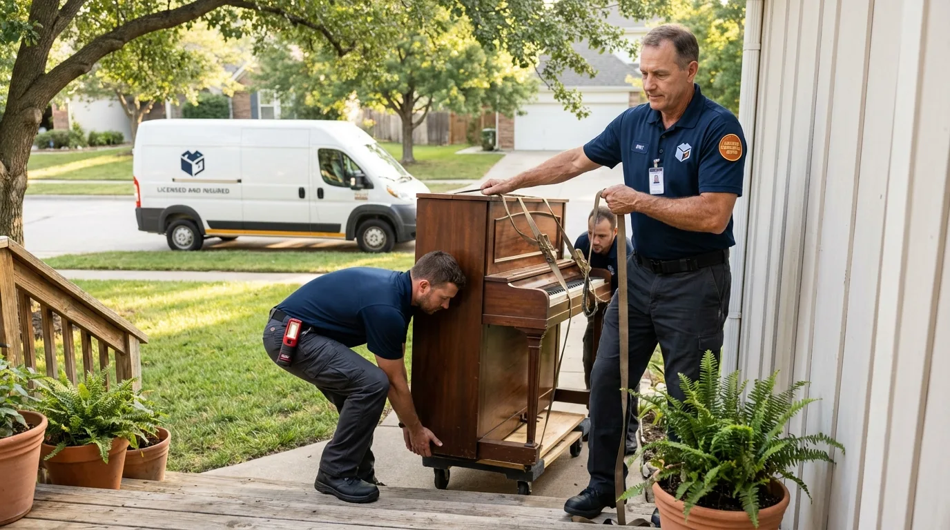 Licensed piano movers securing grand piano in Jackson Heights, NY