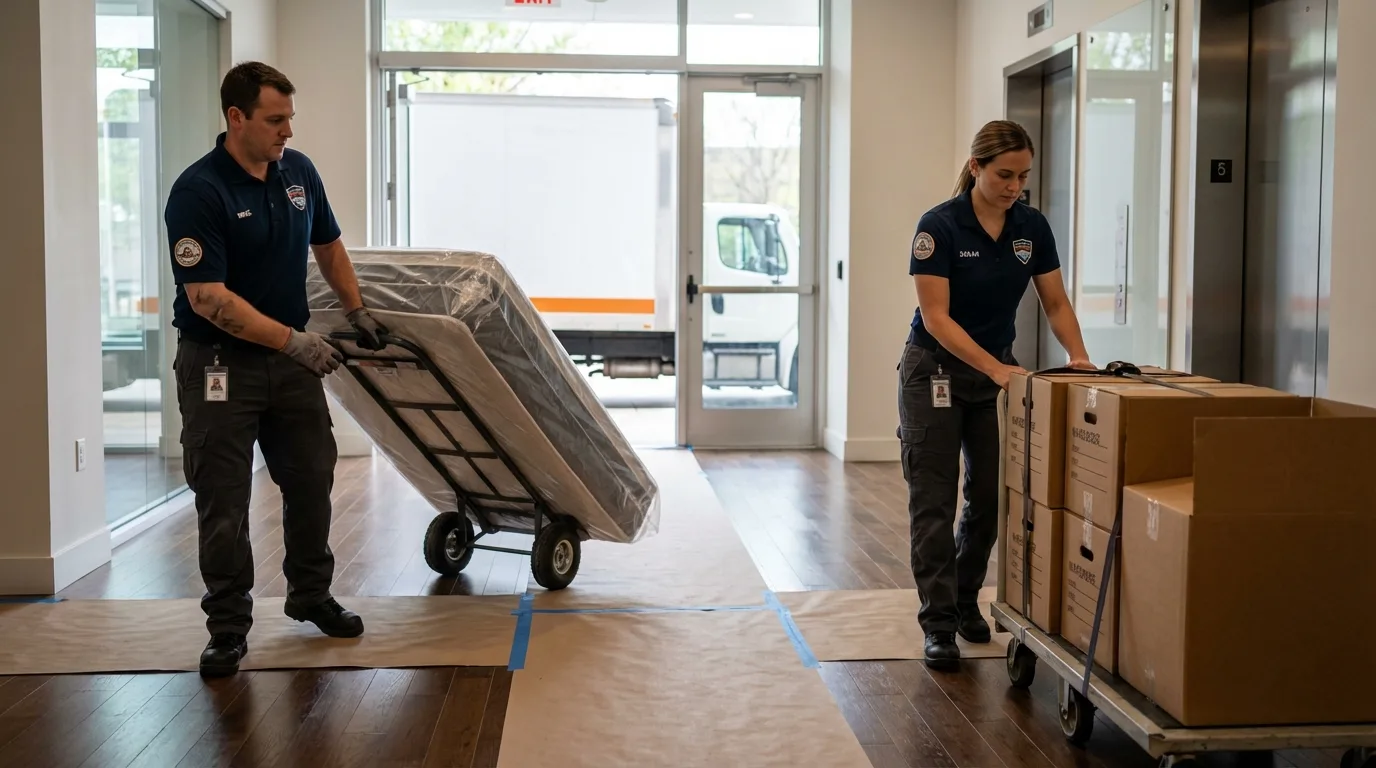 Professional apartment movers loading elevator in Jackson Heights, NY